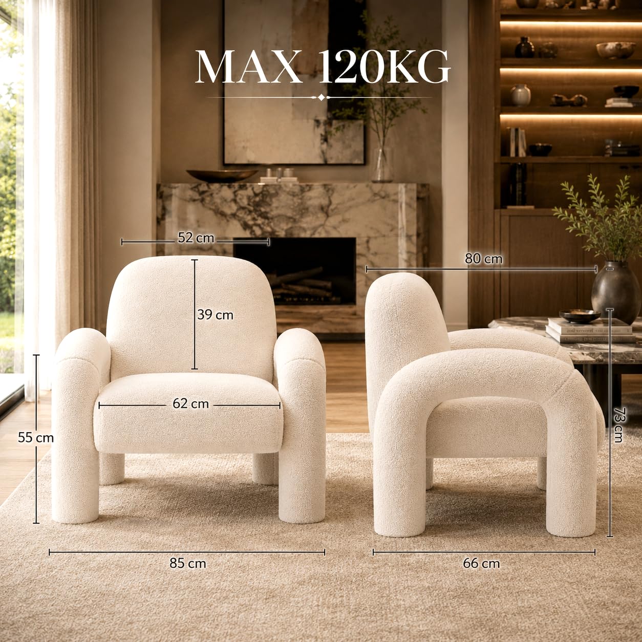 Sessel Loungesessel Einzelsofa aus Boucle Lia - Einzelsessel Armlehnstuhl Polsterstuhl Sofa bis 120kg - eleganter Armsessel Loungesofa Relaxsessel für Wohnzimmer Schlafzimmer (Weiß)