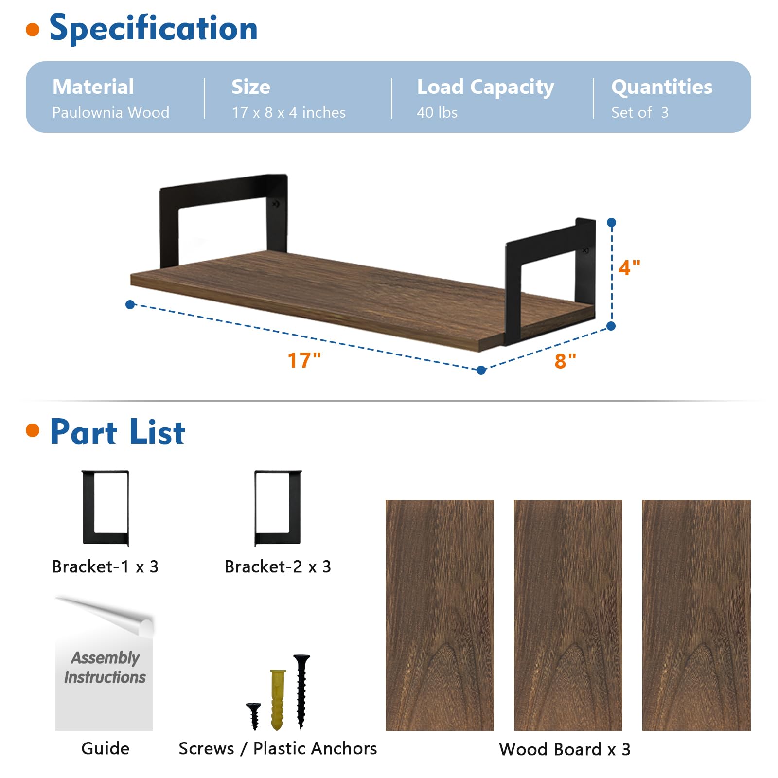 Harwaya Floating Shelves - Set of 3 -3 Harwaya Floating Shelves - Set of 3 -3
