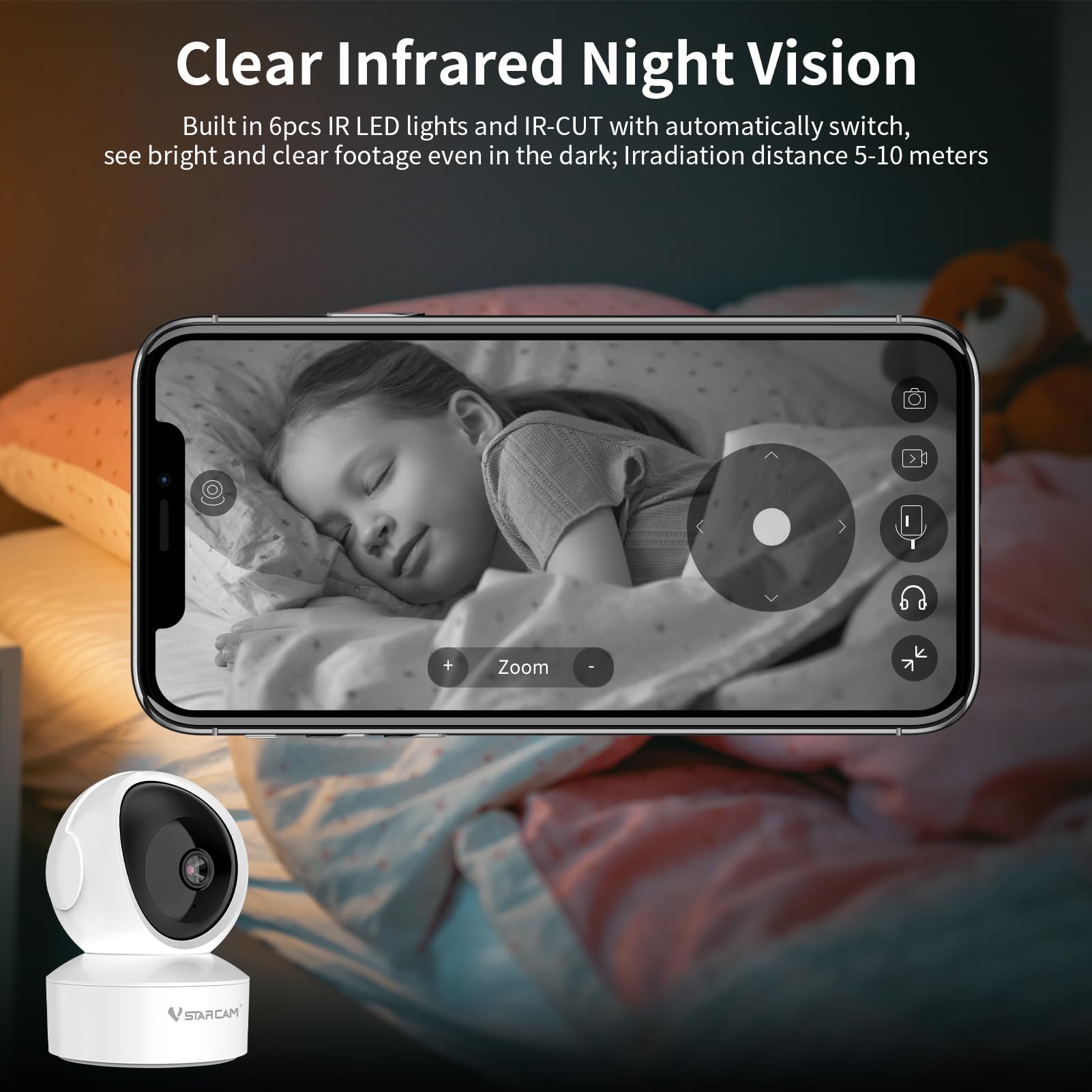 VSTARCAM Caméra interactive 720p WiFi 2,4G pour chat avec vision nocturne infrarouge et détection de mouvement
