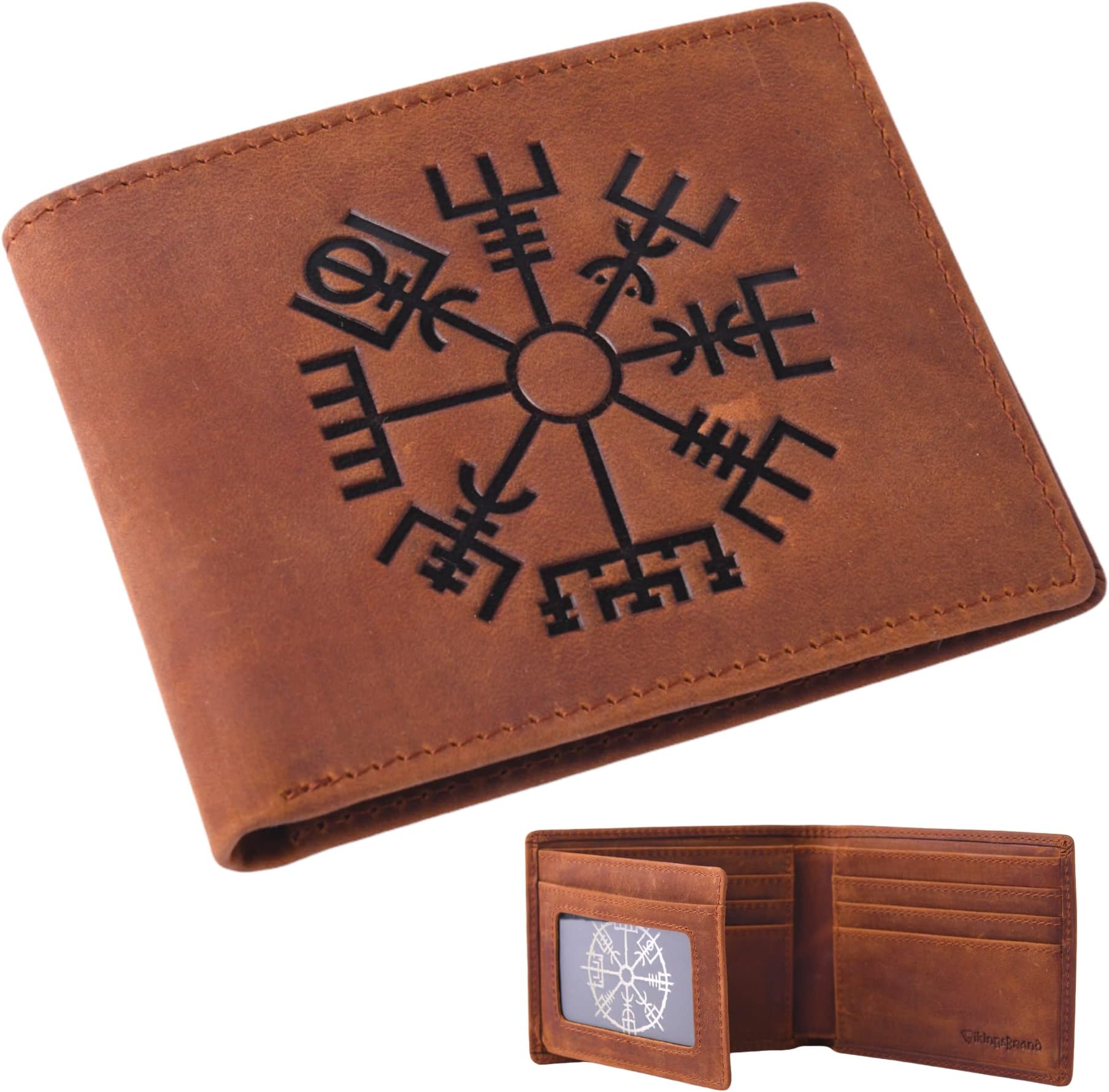 VikingsBrandGenuine Crazy Horse Leather Wallet – Viking Vegvisir Engraved Black Bifold Wallet – RFID Blocking Runic Compass Signpost Design Leather Wallet for Protection, Fits Up to 10 Cards (Vegvisir Brown)