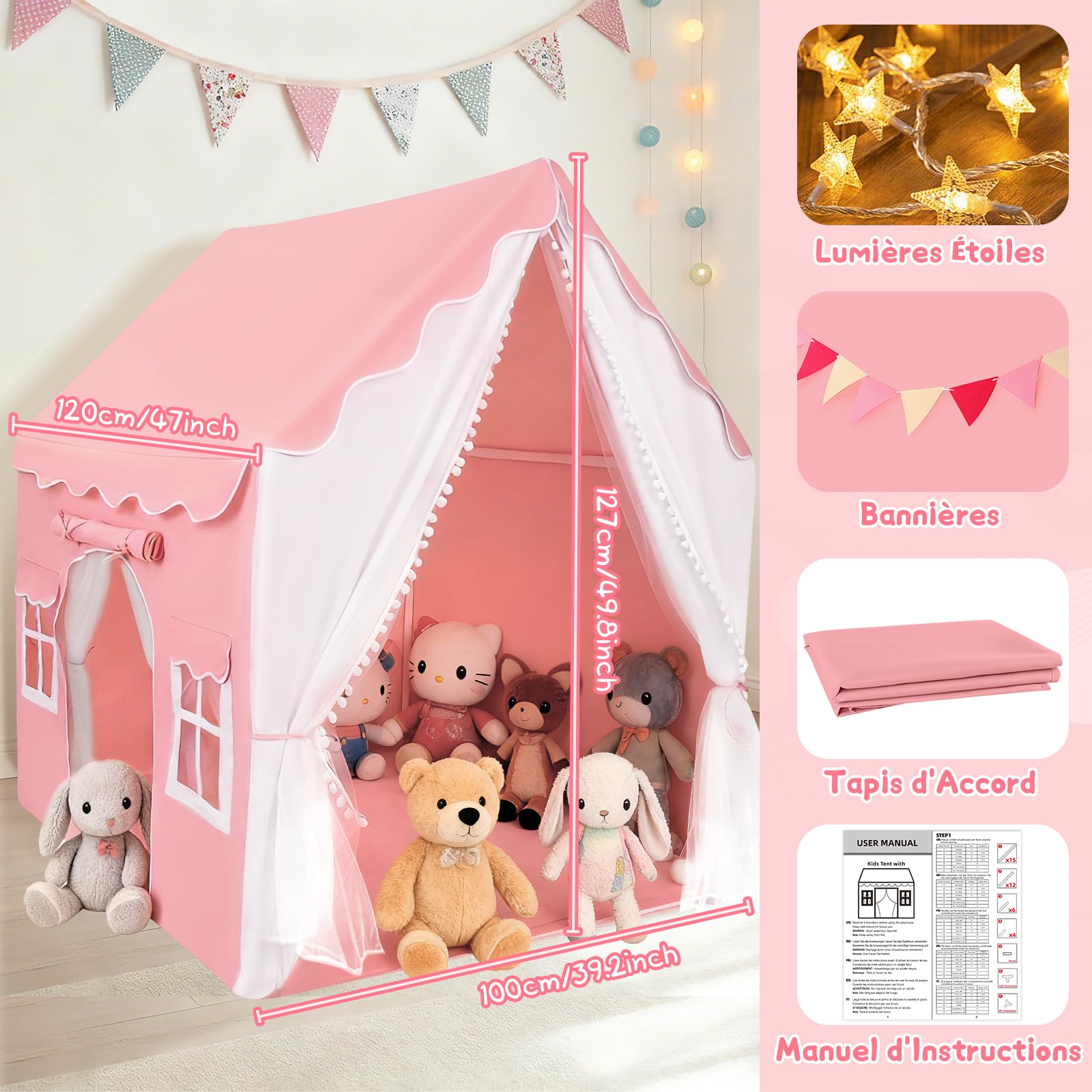 Herenear 2 en1 Tente Enfant Interieur, Cabane Enfant avec Lumières et Drapeaux, Tente de Lit Jeu, Idéal pour la Décoration de Chambre et Fête 120x100x127 CM (Rose)
