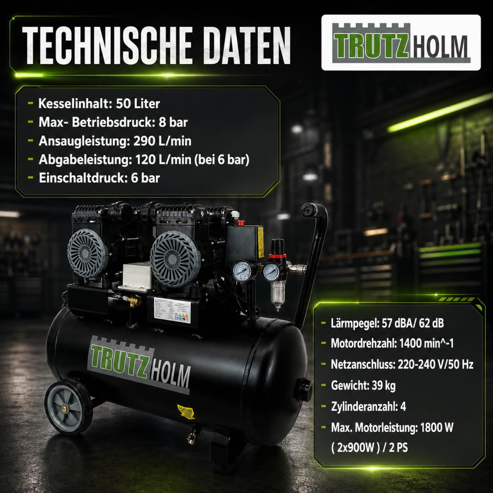 TRUTZHOLM Flüsterkompressor 50L ölfrei | 57 dB(A) Silent Kompressor für Werkstatt & Garage | 1800 W Brushless 2x900W, 8 bar, 290 l/min | wartungsfreier Druckluftkompressor