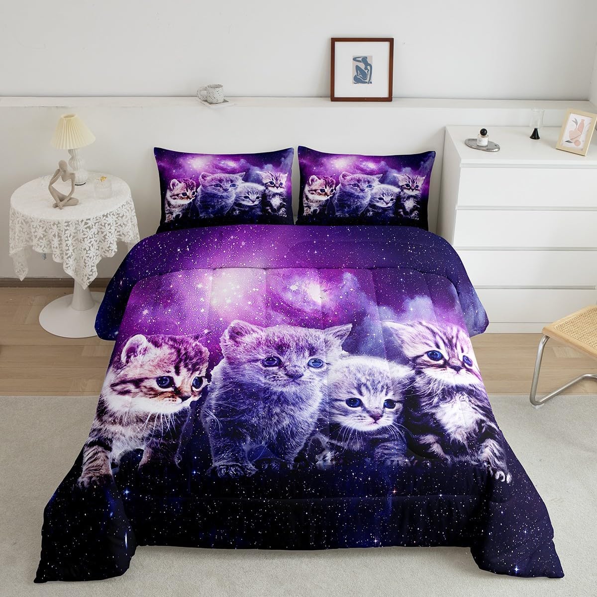 Cat Comforter Cute Pet Cats Pattern Bedding Set Outer Space Kawaii Kitten Comforter Set for Children Kids Boys Girls Cartoon 3D Animal Theme Galaxy Duvet Set Purple Room Decor Quilt Set Quee