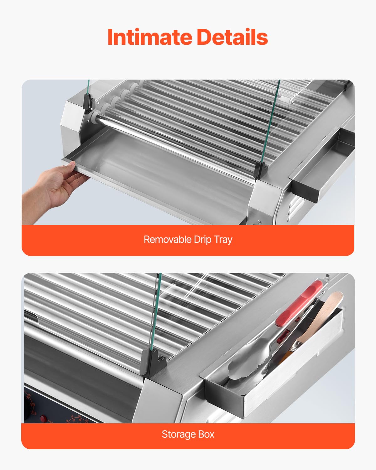 VEVOR Rullo per Hot Dog, 30 Hot Dog 11 Rulli, Cuocitore per Salsicce in Acciaio Inox 2200 W con Doppio Controllo della Temperatura, Contenitore Laterale, Ripiano Rimovibile e Vassoio Raccogli-Olio
