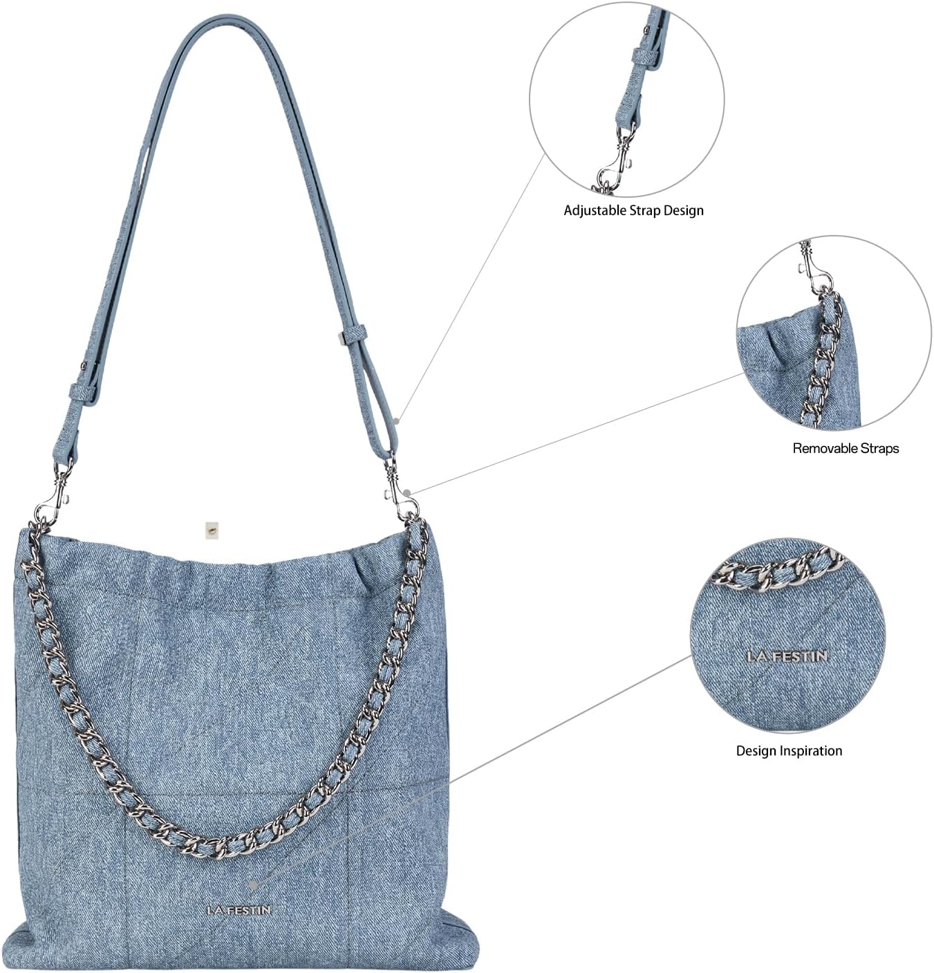 LA FESTIN Split Leather Shoulder Bag for Women with Adjustable Strap, Chain Detail, Elegant Women's Crossbody Handbags - Image 5