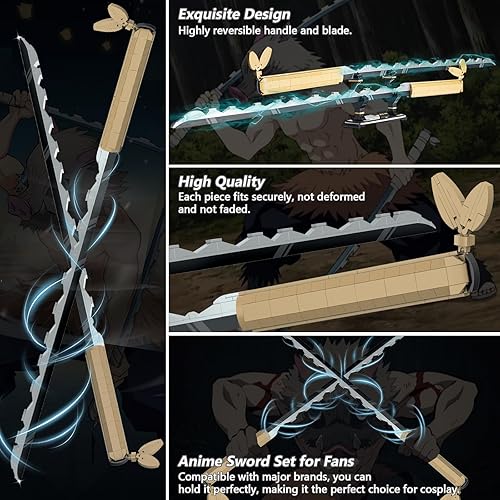 Miniatura 4 de HIGH GODO Juego de construcción de espada de anime, juego de doble espada Hashibira Inosuke de 40 pulgadas con soporte, bloques de construcción de