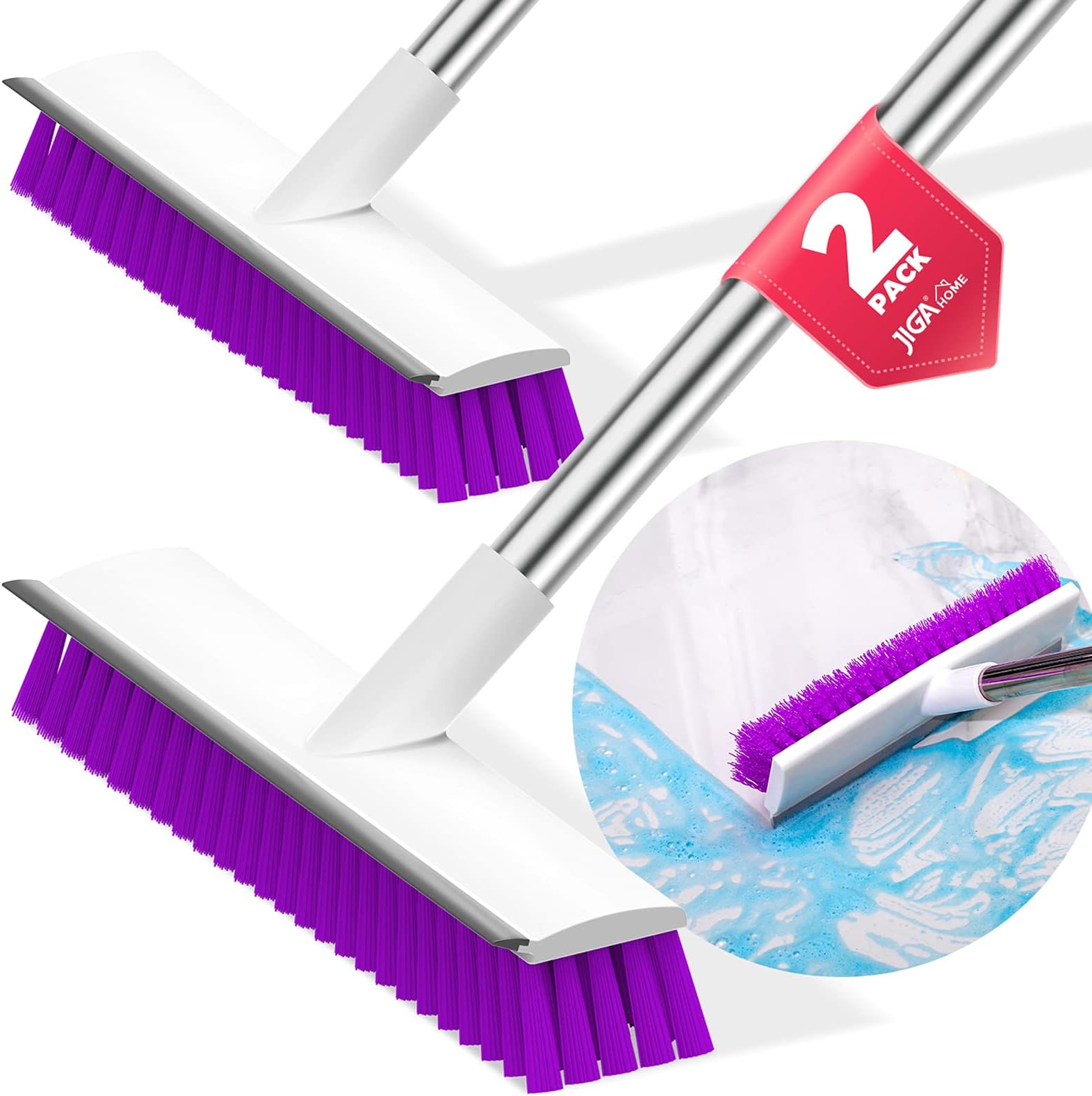 JIGA 2 Pack Floor Scrub Brush with Long Handle, 2 in 1 Scrape Brush Stiff Bristle Brush Scrubber, Cleaning Brush for Deck, Bathroom, Tub, Tile, Grout, Kitchen Floor, Patio, Garages, Purple