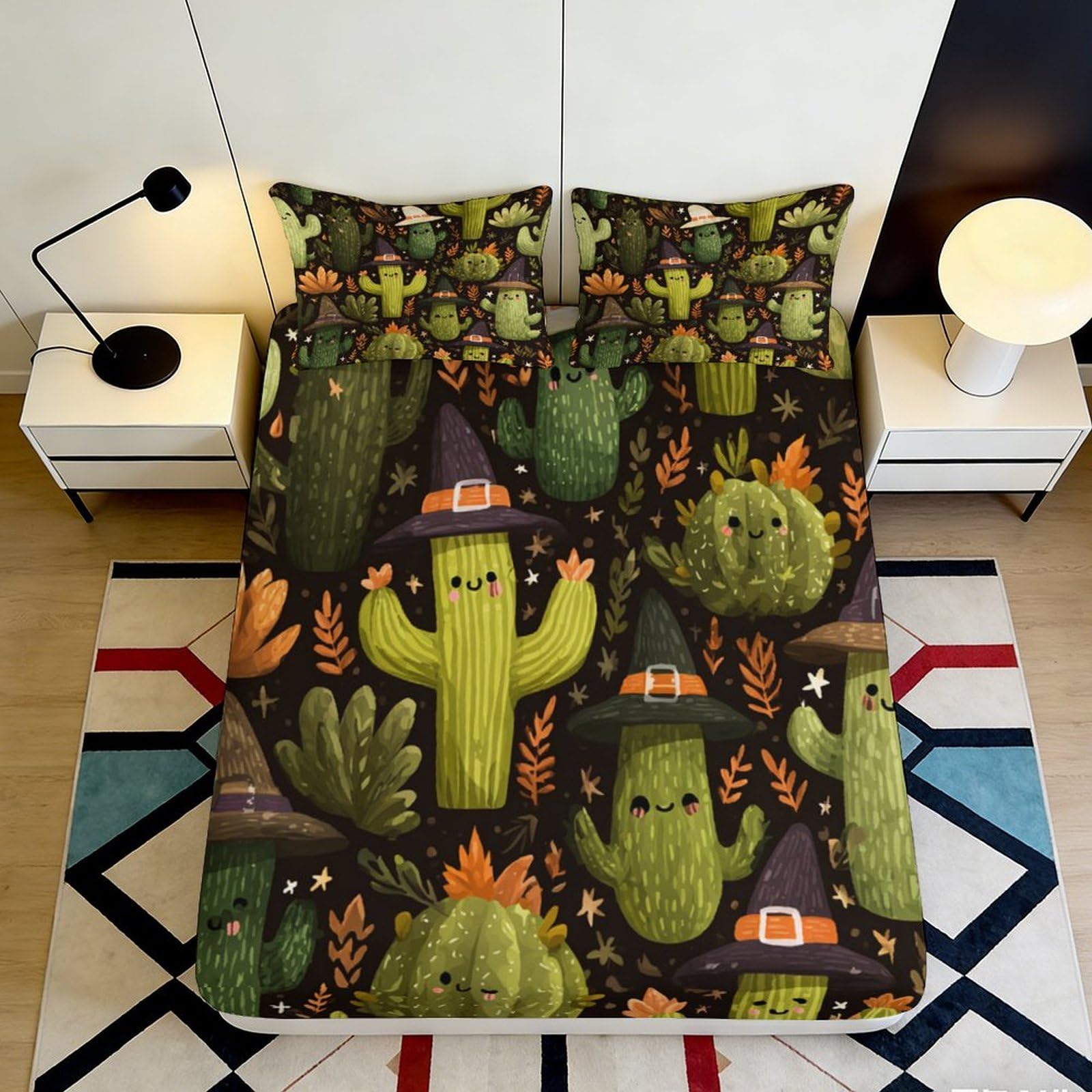 Pnayamiorkfel Style-8 3D Printed Halloween Cactus Fitted Sheet Microfiber Non-Slip Cartoon Succulent Mattress Cover Bedroom Decor Easy Care 90X200x25cm