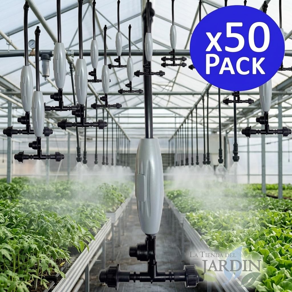 Suinga Pack 50 Nebulizadores Fogger Profesionales 2 Salidas | Sistema de Nebulización para Invernaderos, Terrazas, Viveros y Exteriores | Microaspersores de Agua para Refrigeración