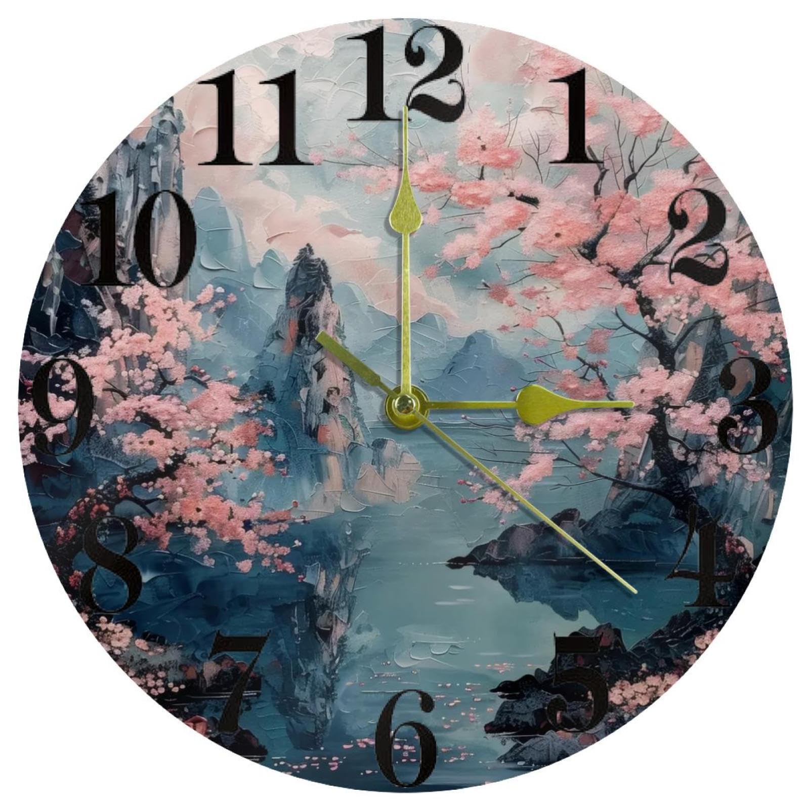 Horloge murale peinture à l'huile paysage de montagne cerisier salon