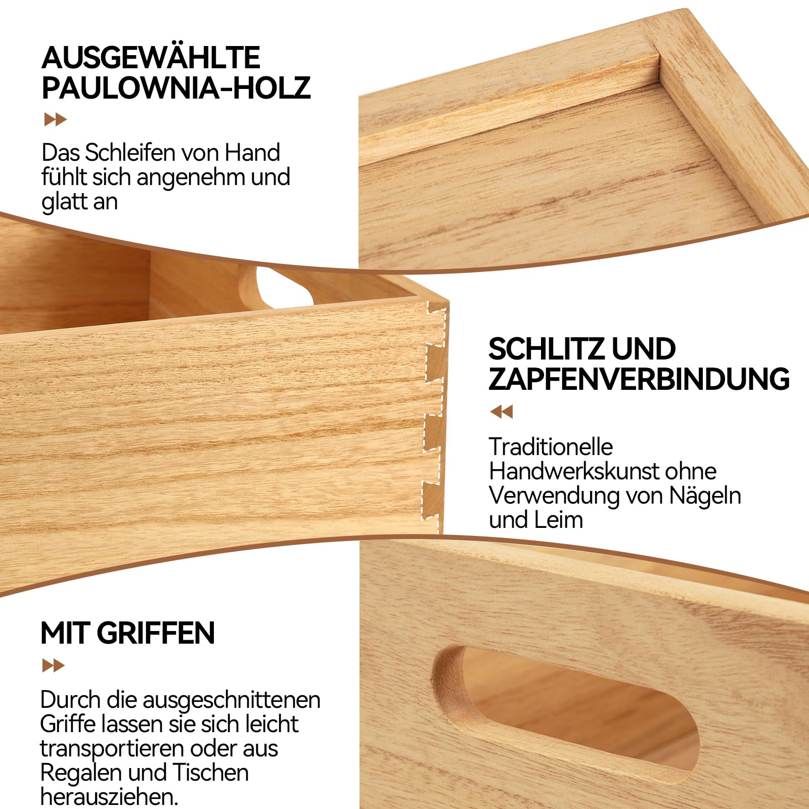 KIRIGEN Aufbewahrungsbox Holz, 3er-Holzkisten-Set mit Griffen, Natur | Ineinander verstaubar, handgefertigt, fertig montiert, Zapfenverbindungen, Pflanzenöl-Oberfläche, für trockene Innenräume