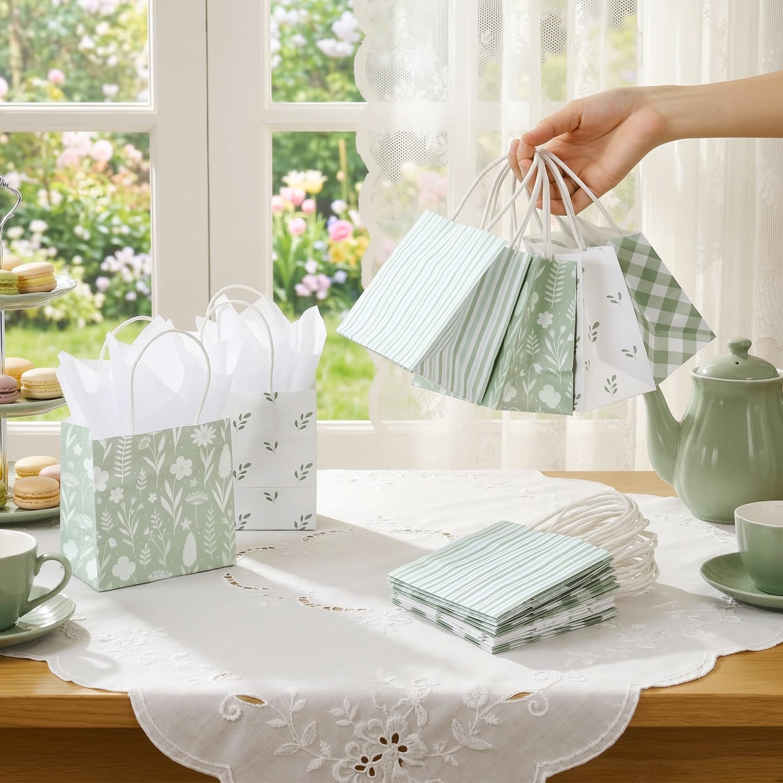 Silkfly 24 Pack Mini Sage Green Gift Bags with Handles & Tissue Paper Small Spring Floral Flower Candy Goodie Bag for Women Baby Shower Tea Party Bridesmaid Birthday Wedding Supplies, 5x5x3 Inch