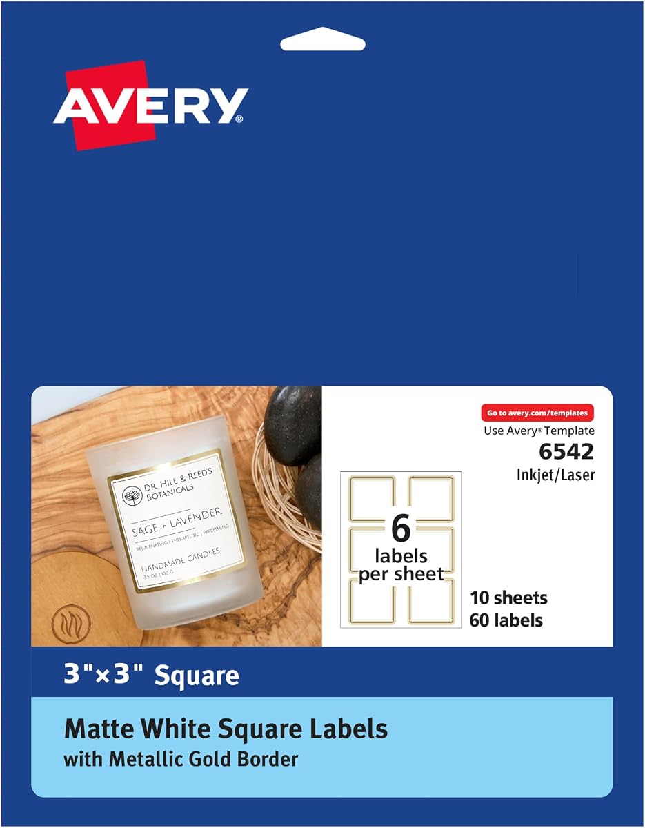 Avery Matte White Labels, Metallic Gold Borders, 3" x 3" Square Labels, 60 Total, Laser/Inkjet Printable (6542)