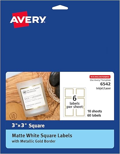 Avery Etiquetas blancas mate con bordes dorados metálicos, etiquetas cuadradas de 3 x 3 pulgadas, 60 en total, etiquetas imprimibles con