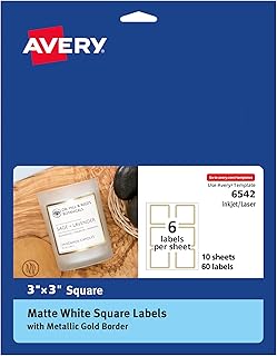 Avery Matte White Labels, Metallic Gold Borders, 3" x 3" Square Labels, 60 Total, Laser/Inkjet Printable (6542)