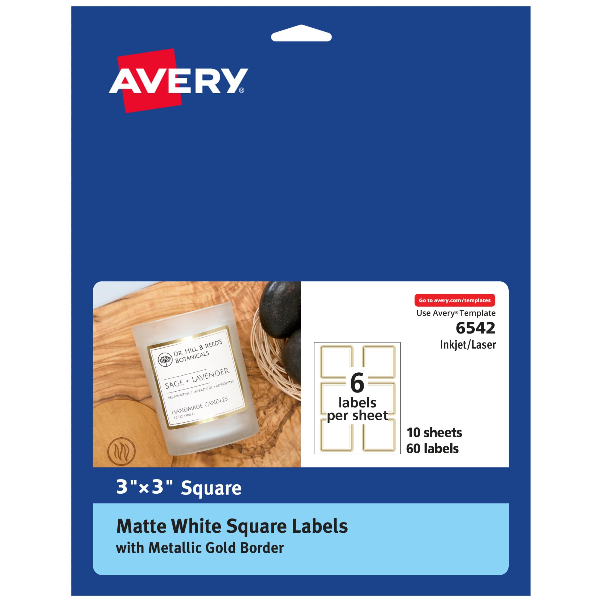 Avery Matte White Labels, Metallic Gold Borders, 3" x 3" Square Labels, 60 Total, Laser/Inkjet Printable (6542)