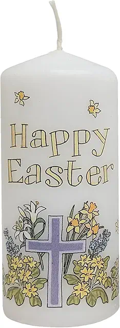 Easter Cross Pillar Candle - Hand Decorated in Stoke-on-Trent for Easter Baskets