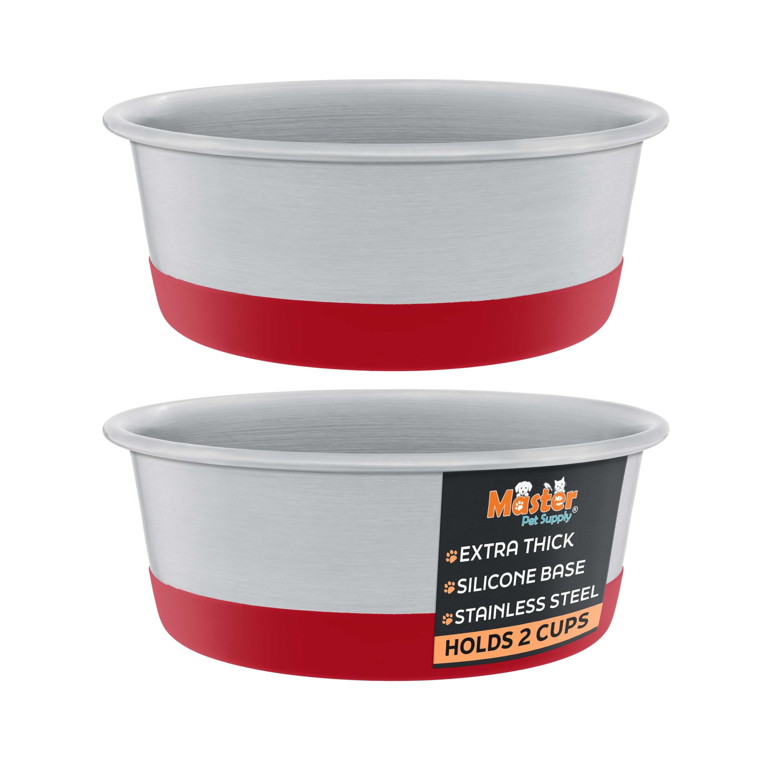 Master Pet Supply Stainless Steel Dog Bowls Set of 2 with Extra Thick Silicone Base - 2 Cup (16 oz) Crimson Red, Non-Slip, Dishwasher Safe Metal Bowls, Pet Dog Food Bowl for Dogs, Cats, Anti Rust