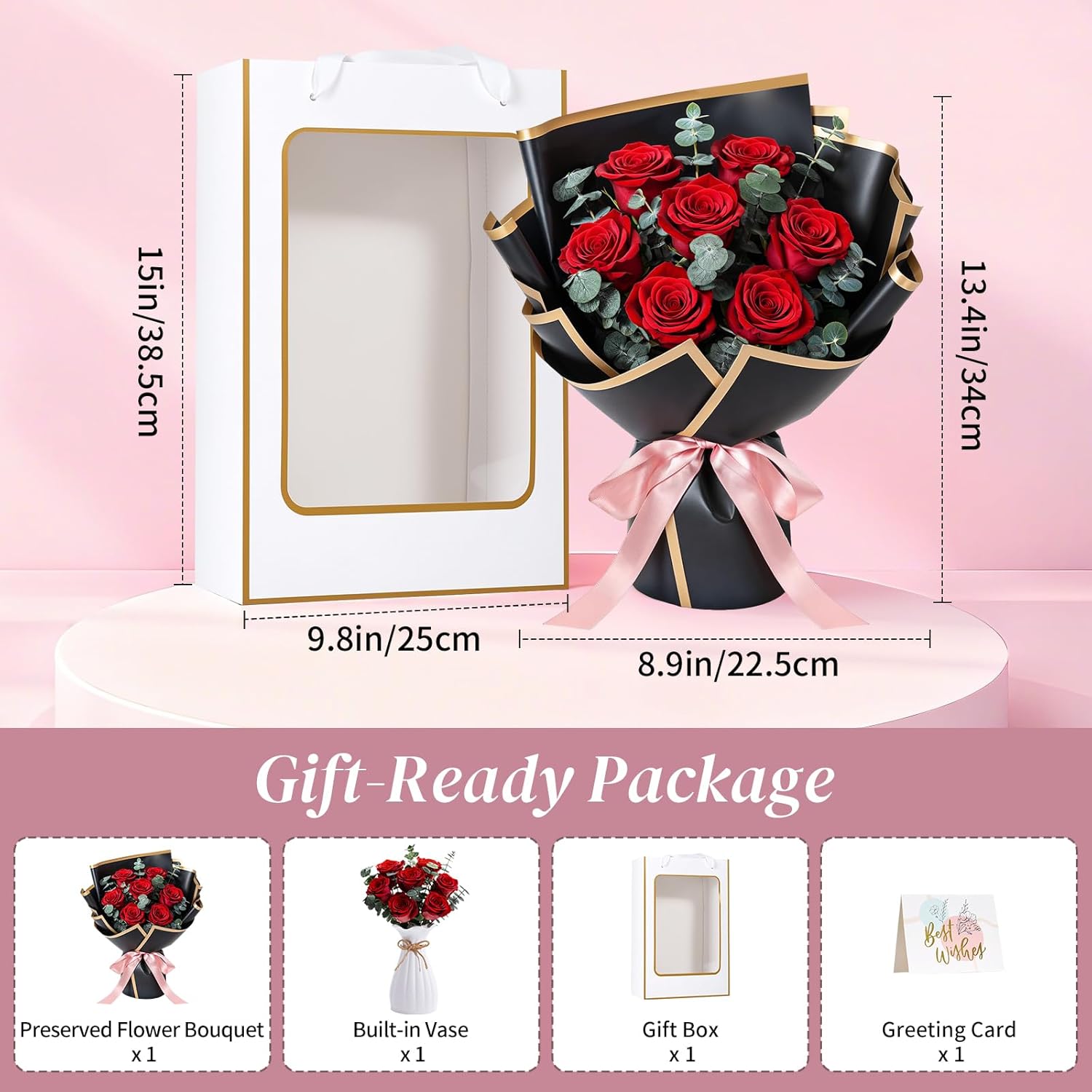 Lewondr Flower for Delivery, Preserved Flowers Bouquet, Red Roses Bouquet, Real Long-Lasting Forever Birthday Flowers Gifts for Her Wife Girlfriend Valentines Day Anniversary Mothers Day, Black-Red - Image 5