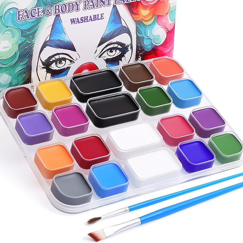 BOBISUKA 18 Color Water-Activated Cream Face Paint Palette, Washable Face & Body Painting Kit with Extra Black & White Pans and Brushes for Halloween, Cosplay, Carnival, SFX & Costume Makeup