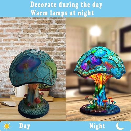 Miniatura 2 de Lámpara de mesa con diseño de hongos de 5.9 pulgadas, luz nocturna de planta de vitral, lámpara de noche decorativa de hongos de resina bohemia para