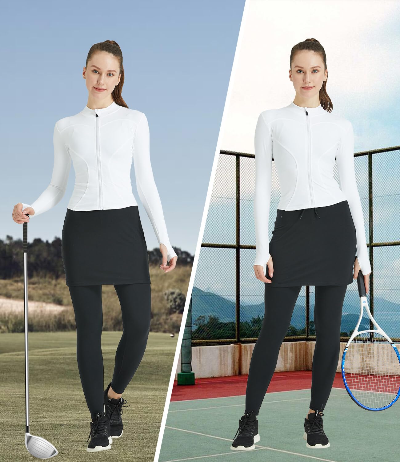 Falda Pantalón de Deportiva Mujer Deporte Leggins con Falda La Altura del Tobillo Mallas con Falda Tennis Ropa Tela elástica 2 en 1 Skapri con Bolsillos(Negro-Cordón,S)