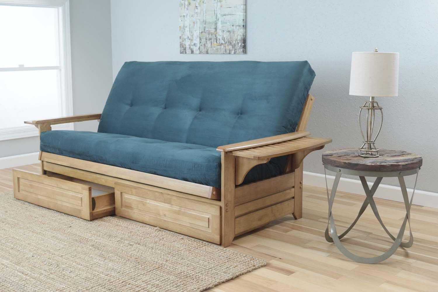 PHOENIX FUTON FRAME AND DRAWER SET IN LIGHT HONEY OAK WOOD WITH SUEDE INNERSPRING