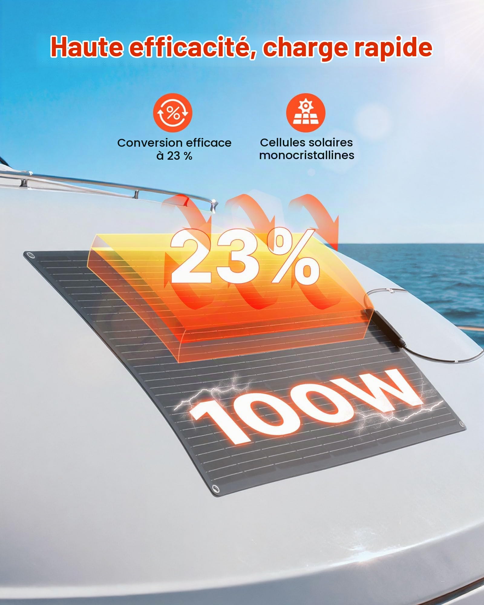 VEVOR Panneau Solaire Monocristallin Semi Flexible 100 W Panneau Solaire Souple Rendement 23% Chargeur Hors Réseau pour Surfaces Courbes Bateau, Camping-car, Voiture, avec Sortie MC4, Étanche IP67