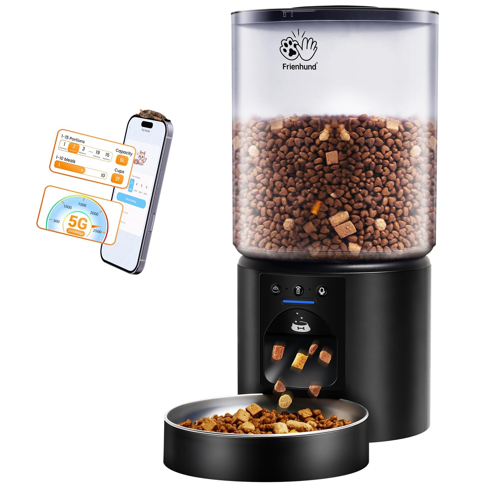 5L Automatic Cat Feeder with App Control: 5G WiFi Automatic Dog Feeder with Sealed Outlet, Auto Cat Food Dispenser with 10s Voice Record for Multiple Pet, Detachable for Cleaning