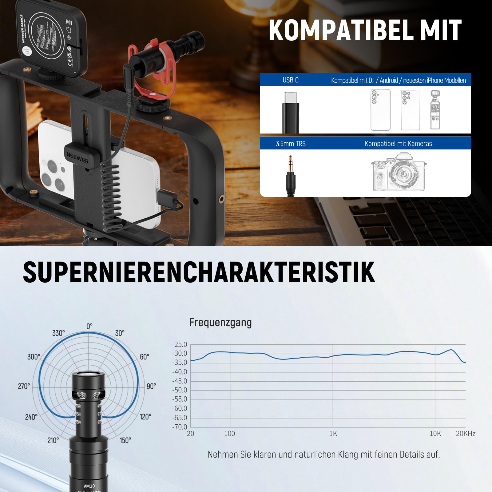 NEEWER Basics Vlogging Set mit Handy Halterung, Mikrofon, LED Fülllicht und Stativ, kompatibel mit iPhone, unverzichtbar für Youtuber, Content Creator und YouTube, TikTok, Streaming und Video, PA055