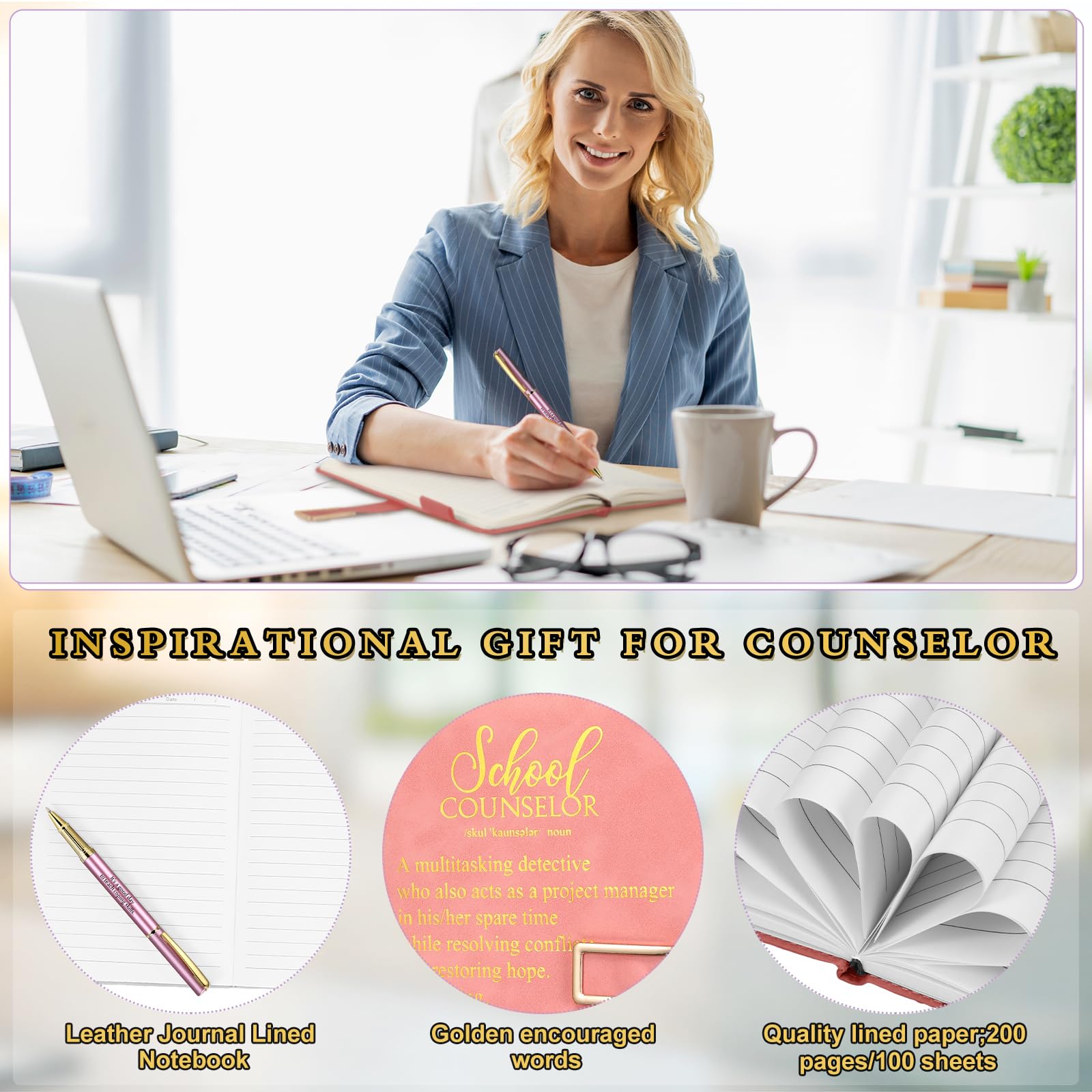 Noveread 1 Set Schulberater, Lehrer, Wertschätzungsgeschenk, Leder-Notizbuch, Stift mit Geschenk-Box, Wertschätzungsgeschenke für Lehrer, Weihnachten, Rosa, Gold