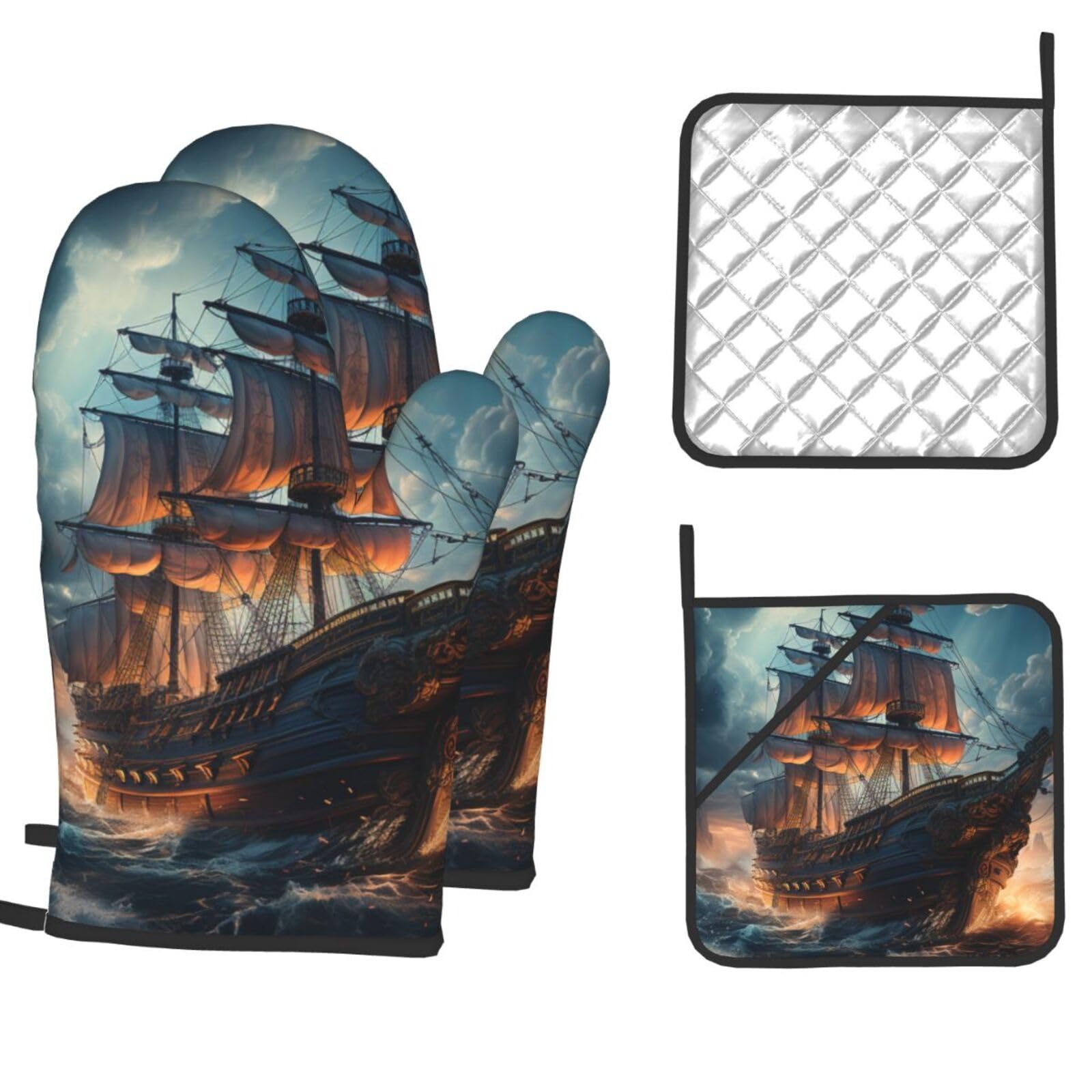 Oven Mitts and Pot Holders Sets of 4 Heat Resistant Kitchen Gloves Pirate boat Oven Mitts BBQ Gloves Oven Gloves and Hot Pads Non-Slip Potholders for Kitchen Baking Cooking