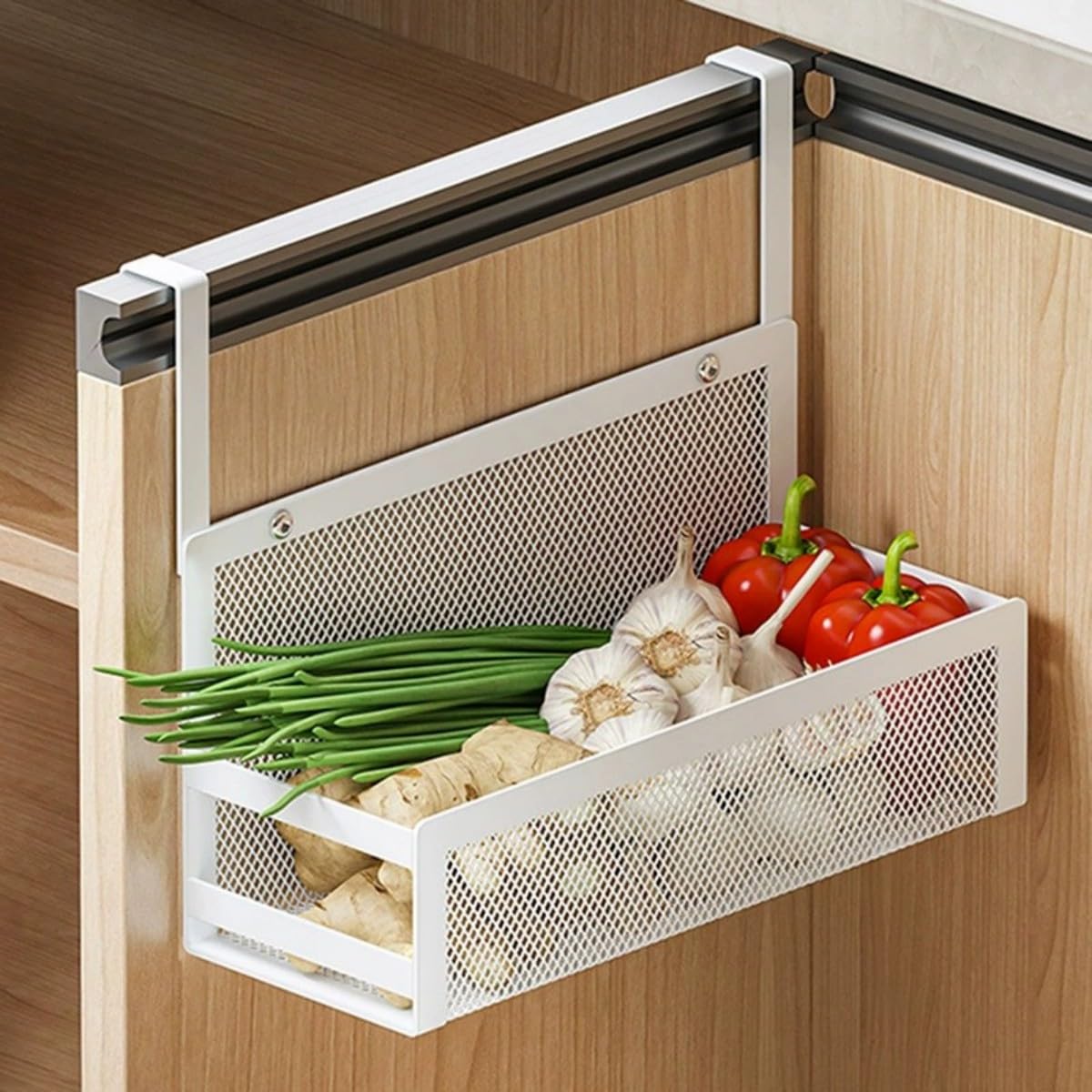 Cesta de almacenamiento para colgar sobre la puerta del armario, cocina, baño, despensa, debajo del fregadero, solución para ahorrar espacio (blanco)