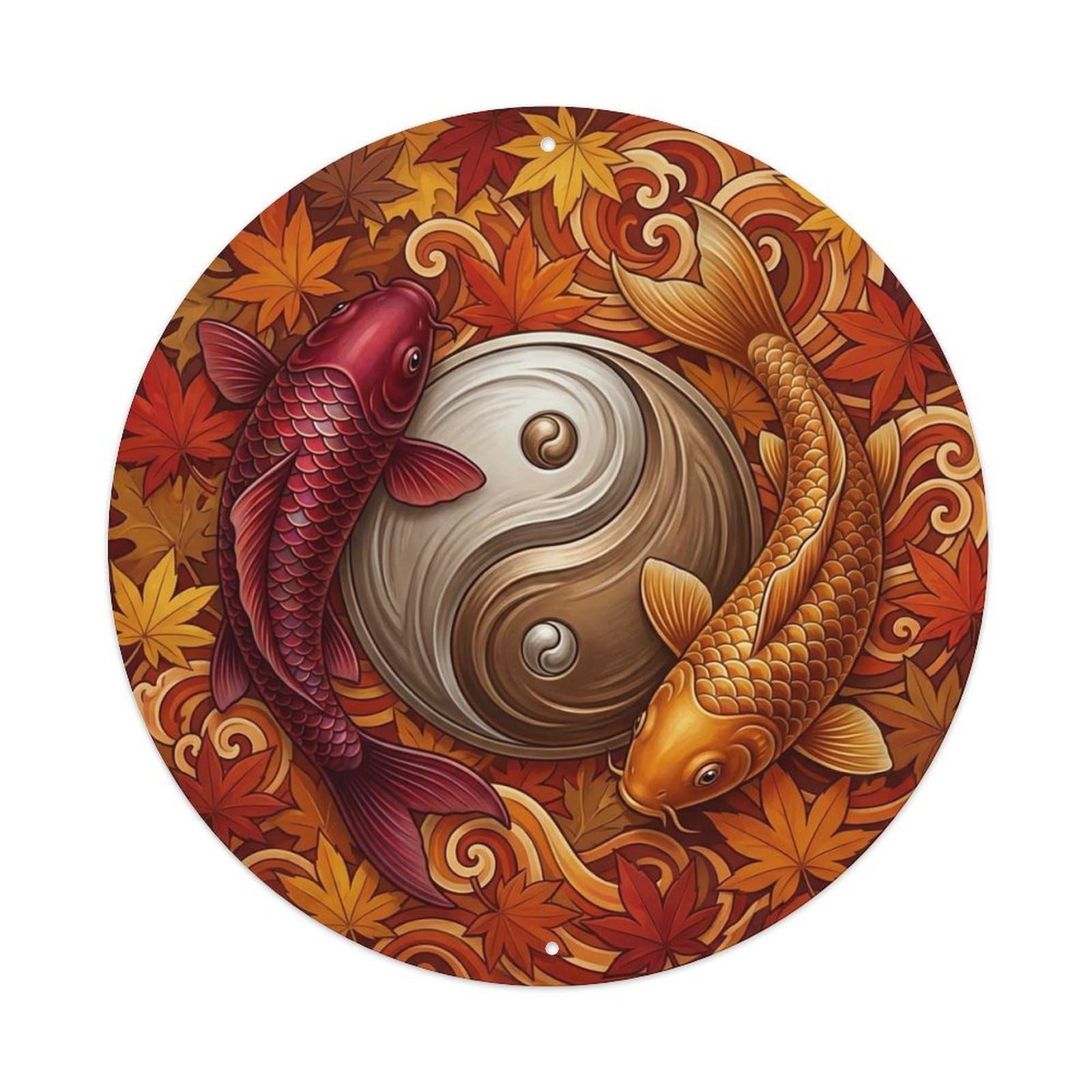 Olyhtr 8X8inch Classic Style Yin Yang Koi Garden Maple Leaf Feng Shui Metal Tin Sign