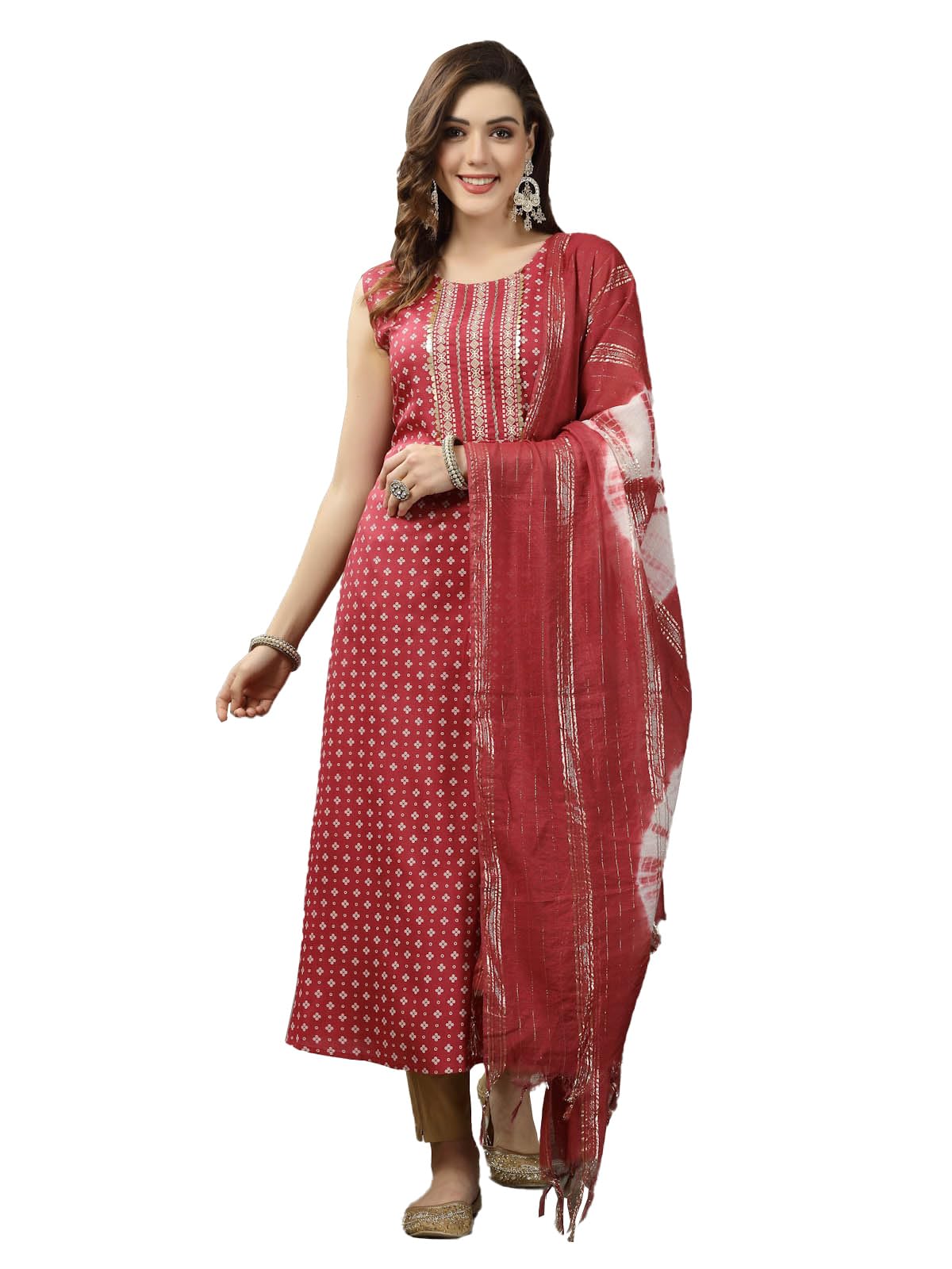 Stylum Women's Bandhej Printed Rayon A-Line Kurta With Dupatta (Kdroseparo38_Rose, M)