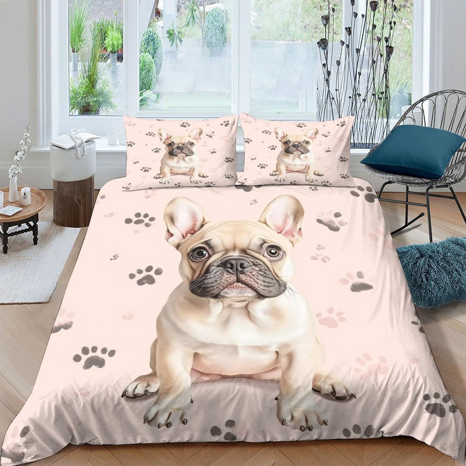 Ctjqhvkz Style-10 3D Printed French Bulldog Fitted Sheet Microfiber Anti-Slip Pink Paw Print Bed Cover For Bedroom Guest Room Decor Single（135X200cm）