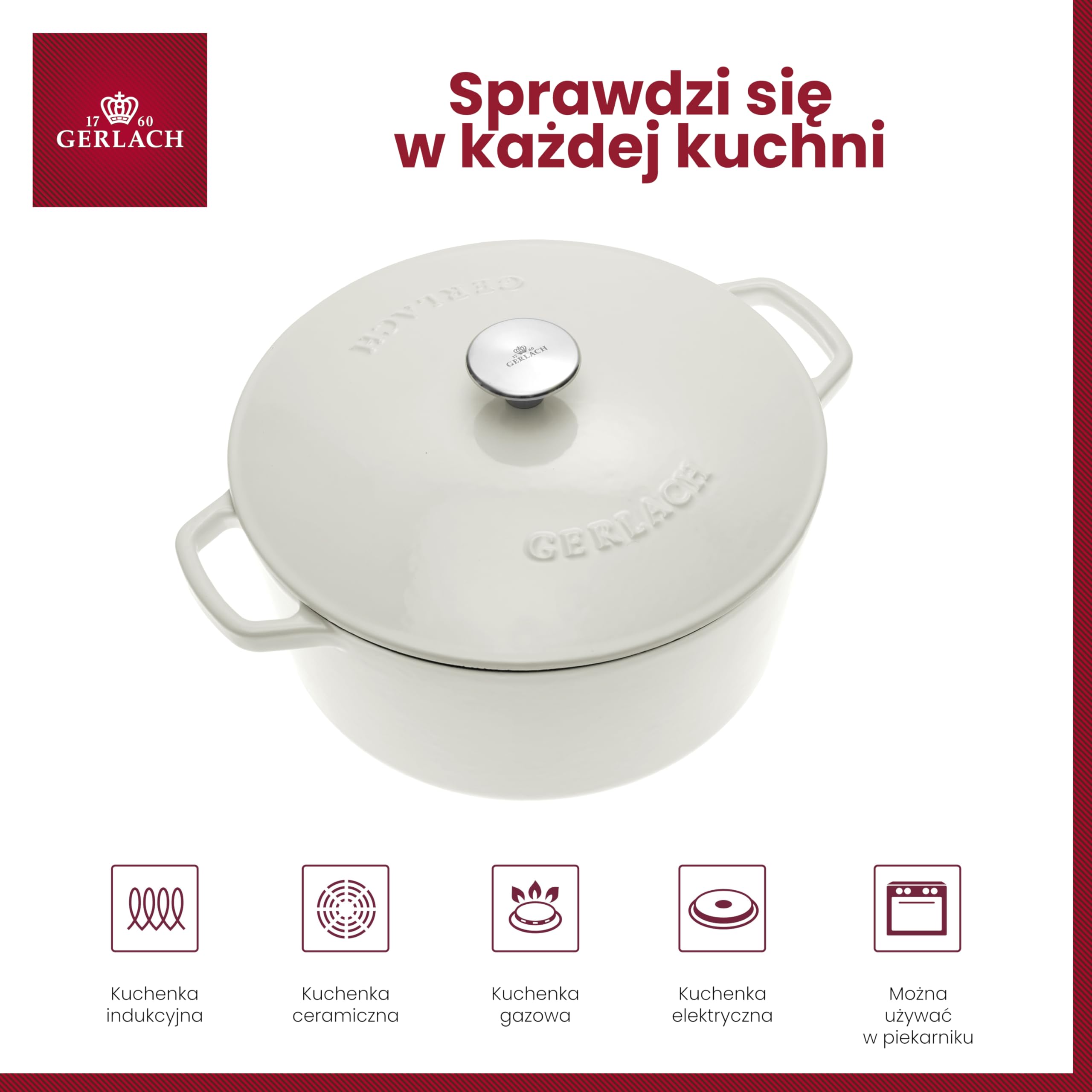Gerlach Nature Iron Garnek Żeliwny 5 L z Pokrywką 26 cm na Indukcję Gas Garnek Emaliowany Garnek do Pieczenia Chleba Biały