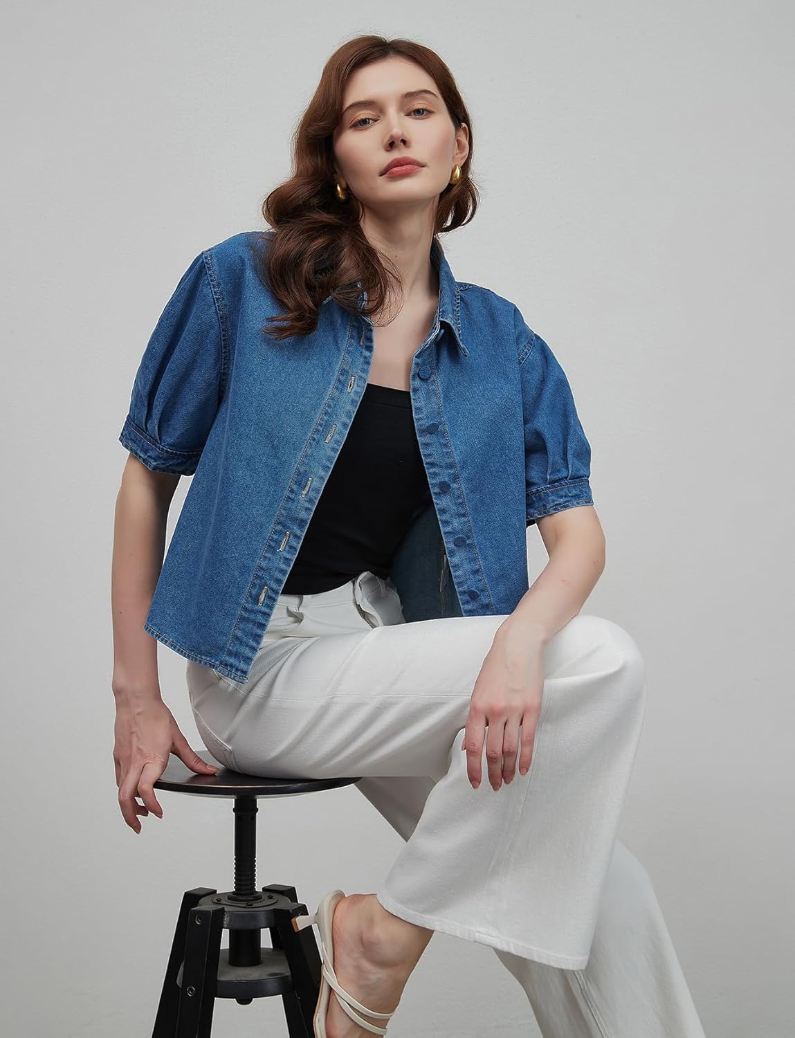 Denim Shirt Women Puff Sleeve Cropped Button Down Jean Tops Summer Business Casual Tops - Image 6