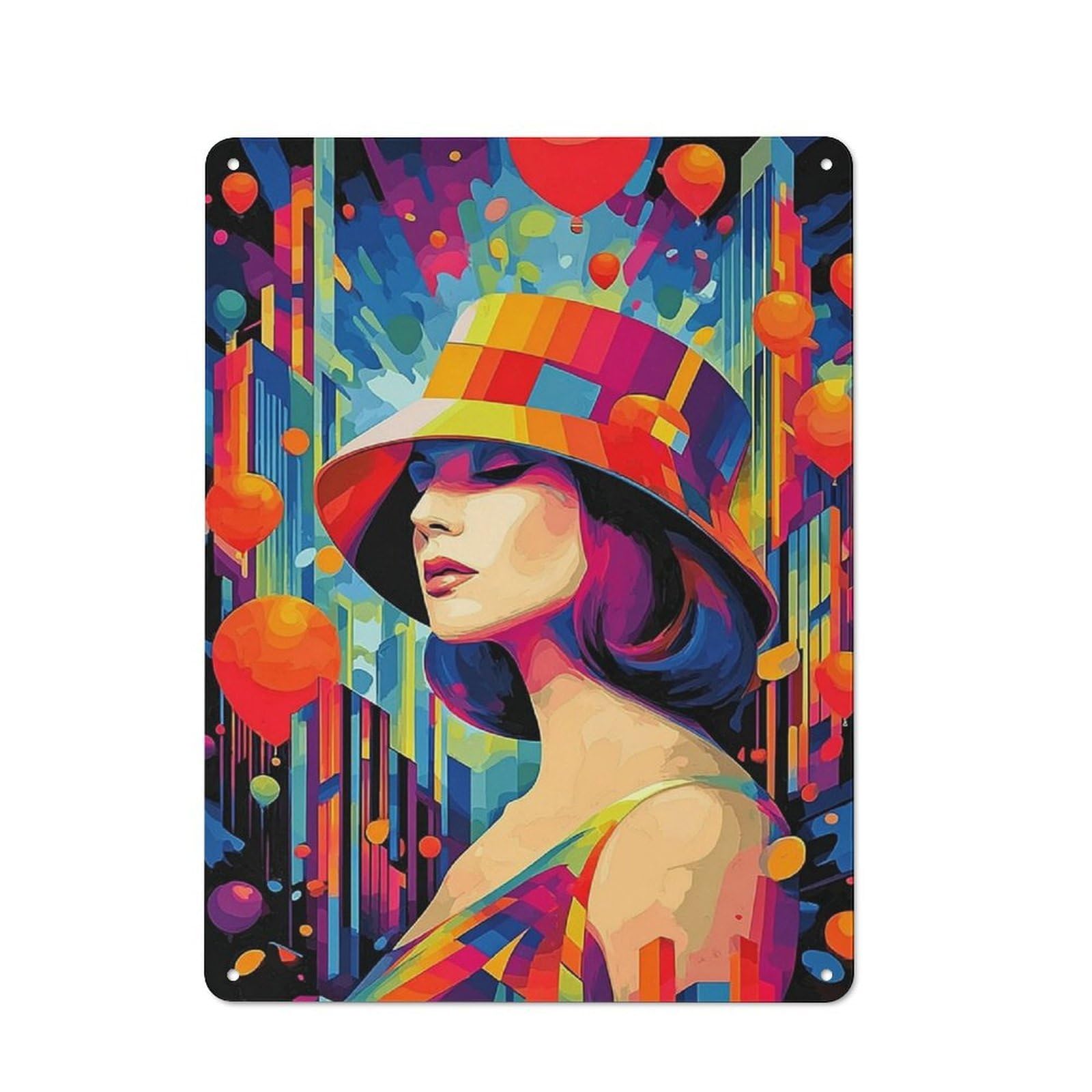 Junmoney Colorful Cityscape With Woman In Hat Vintage Tin Sign 40X30cm, Rustic Bistro Wall Plaque For Kitchen, Cafe, Pantry Or Dining Room