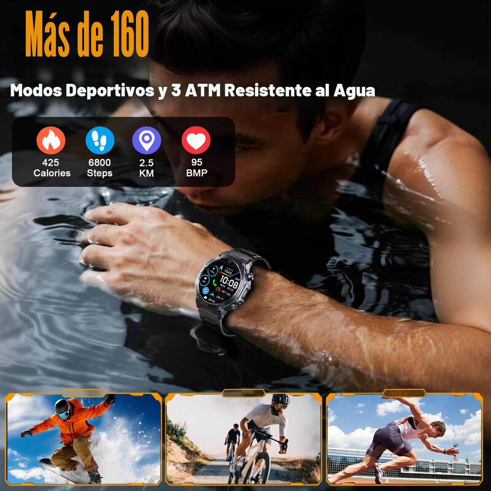 Reloj Inteligente Hombre con GPS, 1.43" AMOLED Militar Smartwatch con Llamadas Bluetooth/Podómetro/Monitoreo de Sueño/Pulsómetro/SpO2, 5ATM smart watch 160+ Deportes Pulsera Actividad para Android iOS