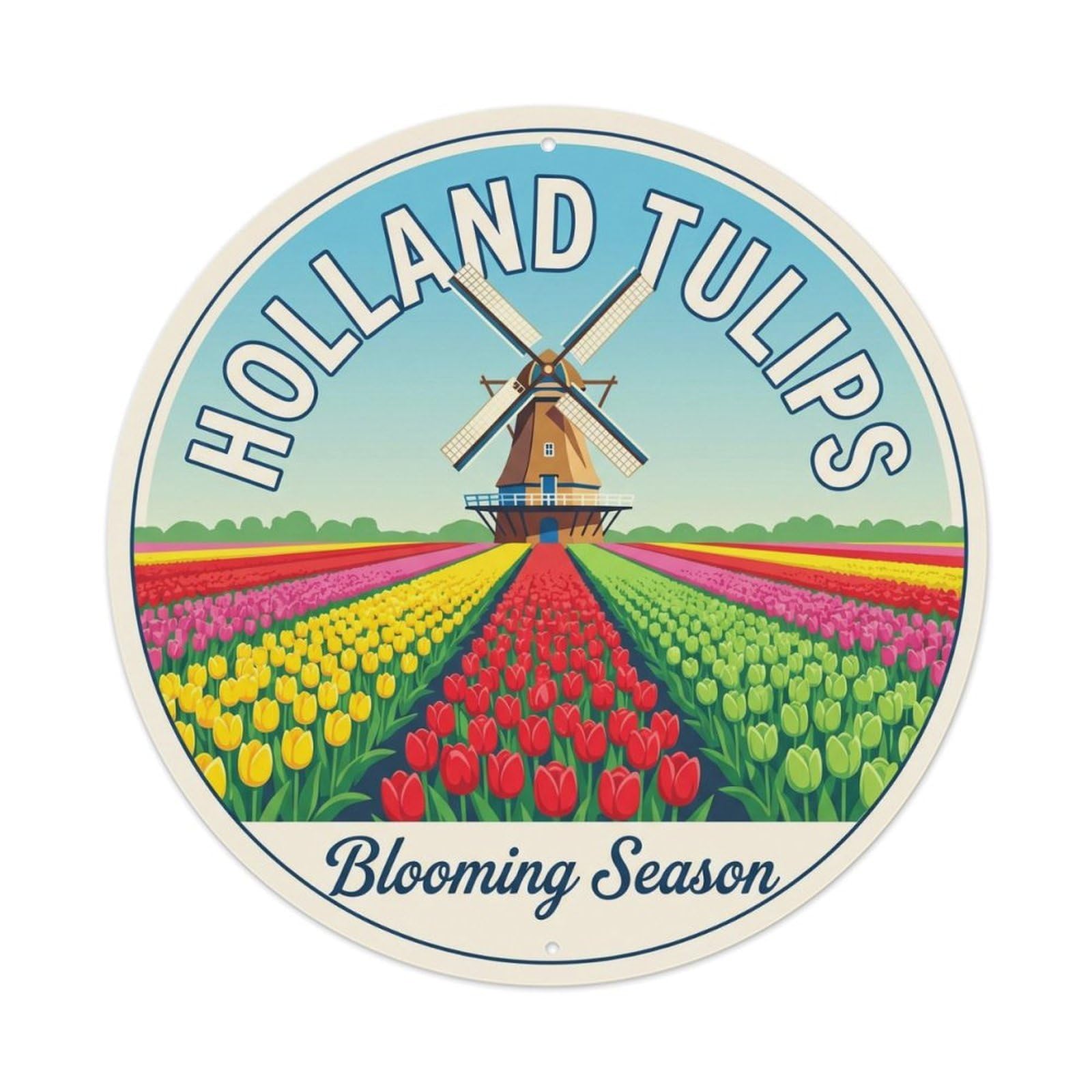 Vintage Travel Tulip Fields Holland Metal Tin Sign Plaque Wall Decor for Cafe, Club, Garden Round Metal Poster 8x8Inch