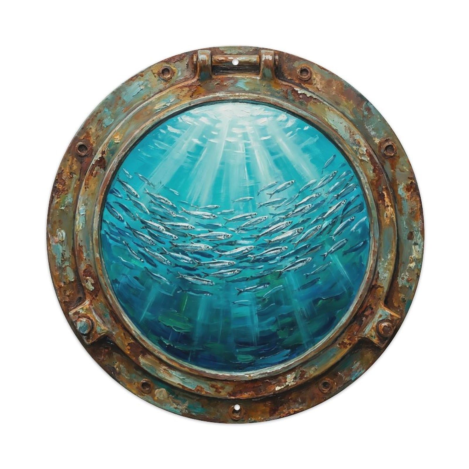 Vintage Porthole Anchovy Swarm Ship Window Undersea Deep Sea Metal Tin Sign