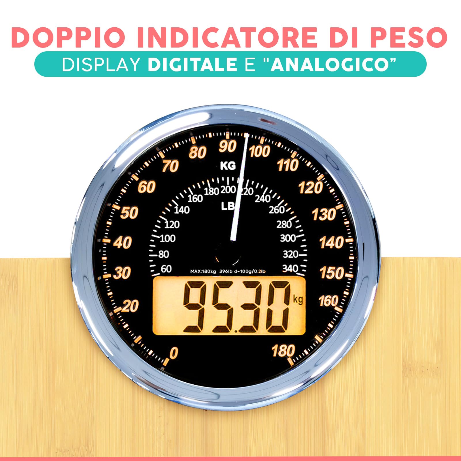 Hybrid Bilancia Pesapersone - Analogica & Digitale, Precisa fino a 180 kg | Leggete il peso su quadrante analogico e LCD insieme. Piattaforma larga, 3 batterie AAA incluse, pronta all'uso.