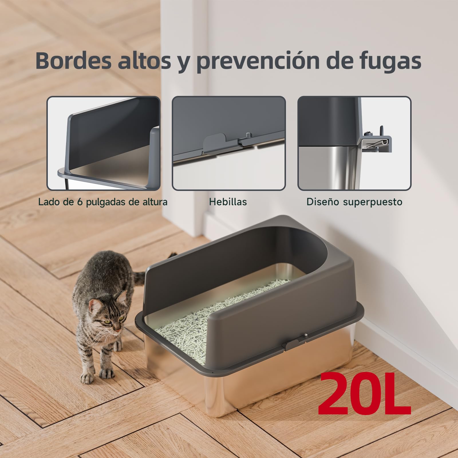 Caja de Arena de Acero Inoxidable para Gatos, Mediana, con Tapa, Bandeja de Metal fácil de Limpiar. (20''L X 14''W X 12''H con Recinto)