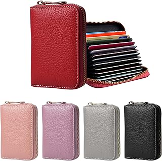 Credit Card Holder Wallet,RFID Blocking Small Wallets Genuine Leather Credit Card Holder Zipper Small Wallets,Slim Wallet Compact Ladies Wallet for Men Women (Wine Red)