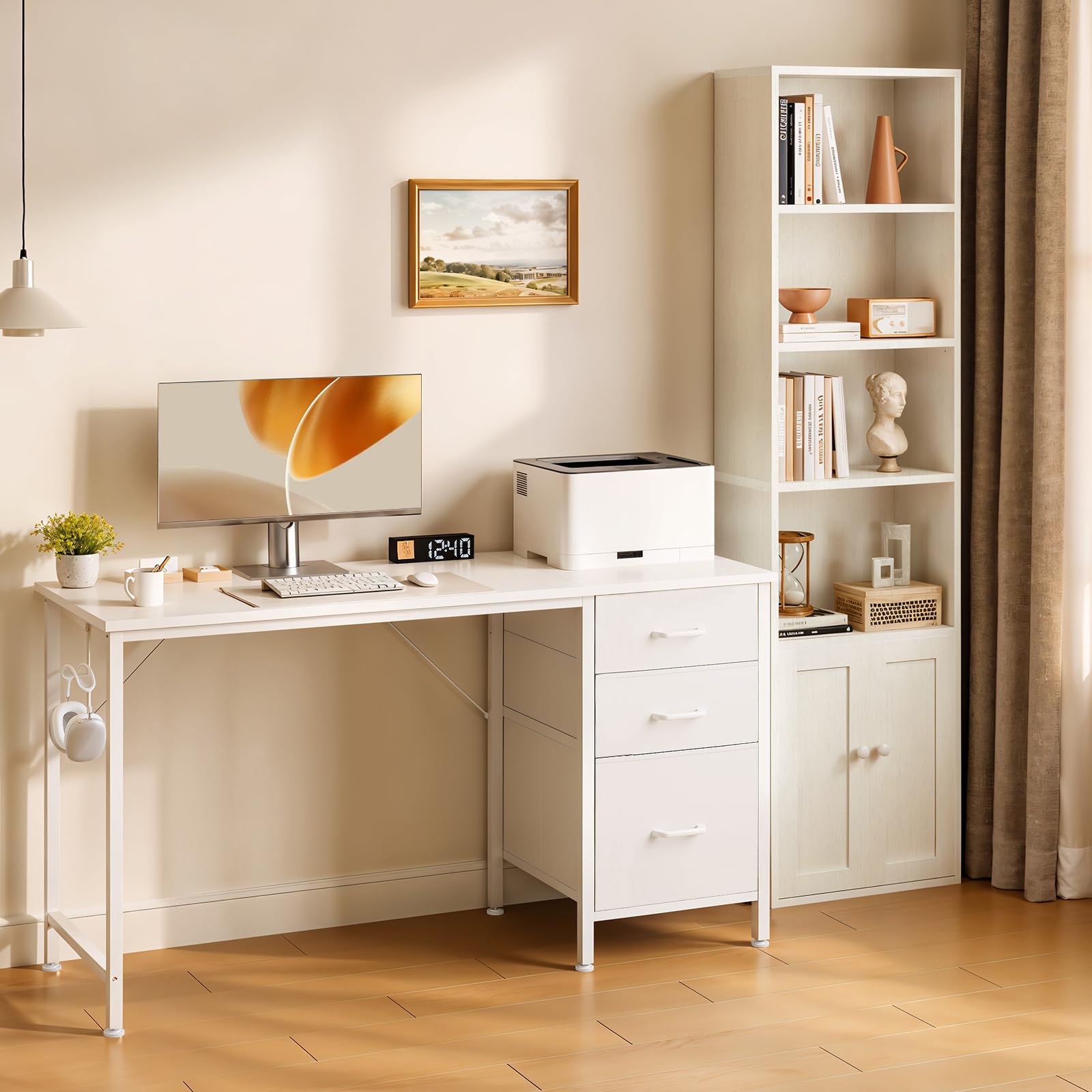 Coleshome Set Mobili Ufficio, Scrivania 120x48cm con 3 Cassetti e Portacuffie & Libreria a 6 Ripiani con Ante 176cm, Set Scrivania e Scaffale Salvaspazio per Casa e Studio, Bianco