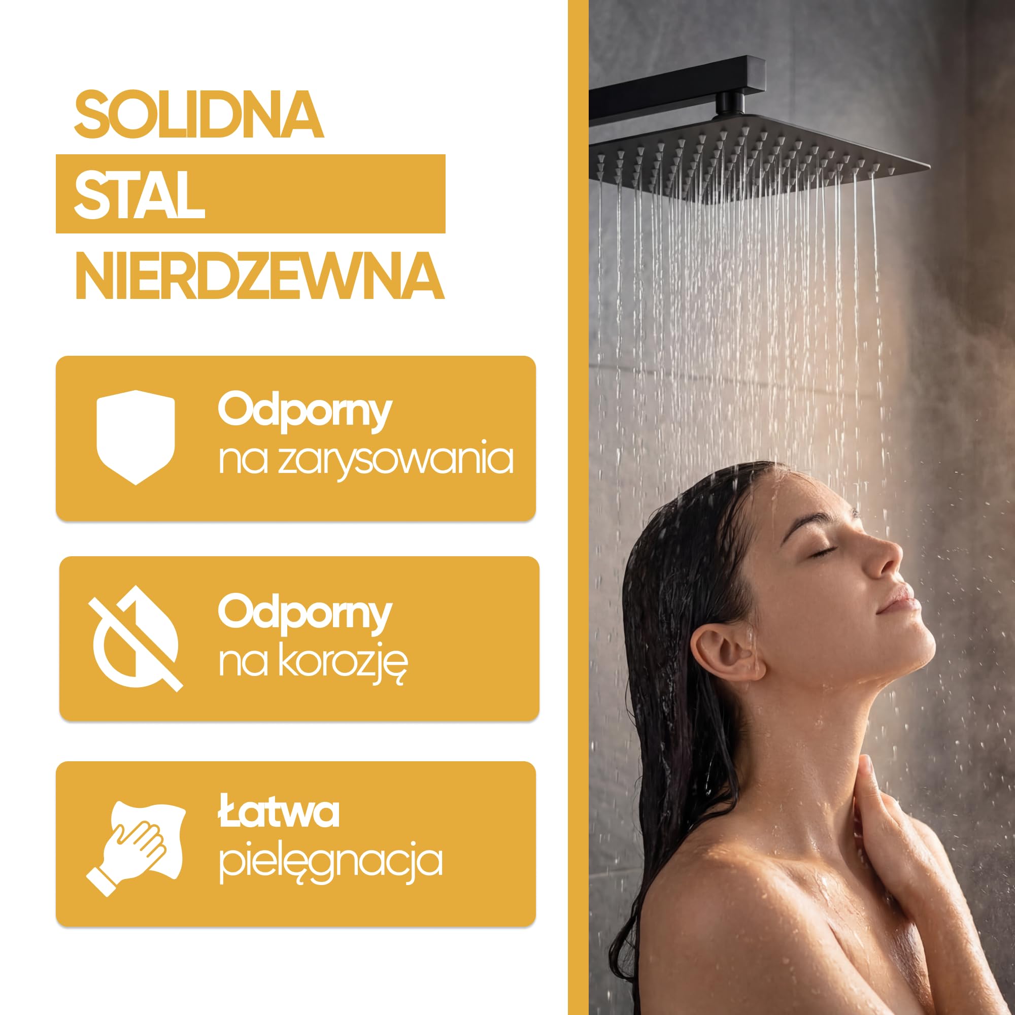 Granitan LUNA Drążek prysznicowy system prysznicowy: Deszczownica 25 cm, głowica prysznicowa z wężem i baterią mieszającą - nowoczesny zestaw prysznicowy - chrom - prostokątny