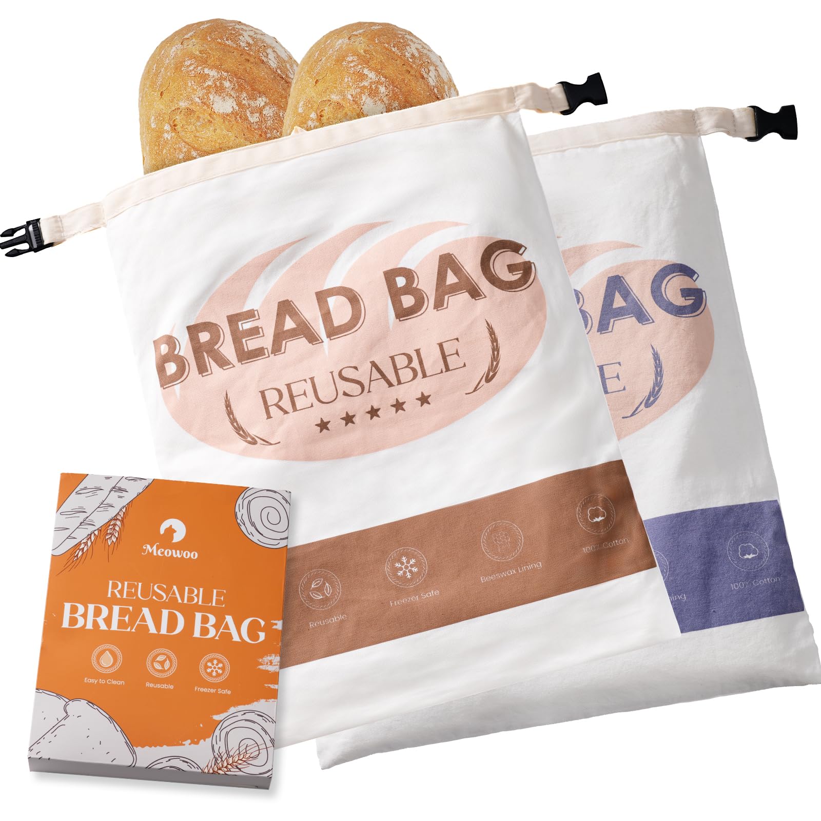 Meowoo 2Pcs Beeswax Bread Bags for Homemade Bread, Reusable Beeswax Bags for Sourdough, Cotton Waxed Bag with Buckle Closure, Keeps Fresh Longer Food Storage Bag, 43 x 32cm, Blue & Brown