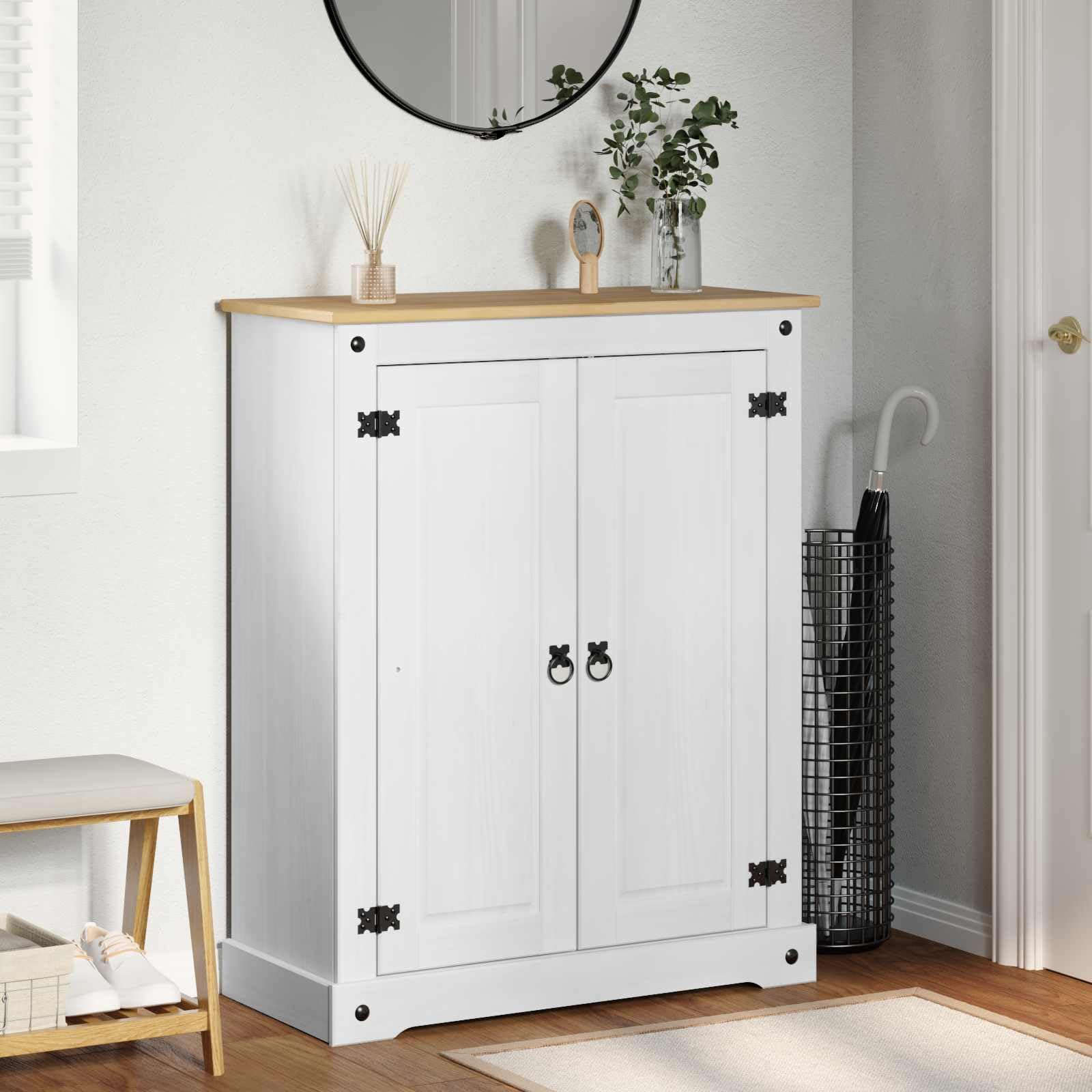 Cabinet à Chaussures Blanc en Pin Massif 86cm | Armoire de Rangement Modulable Étagère