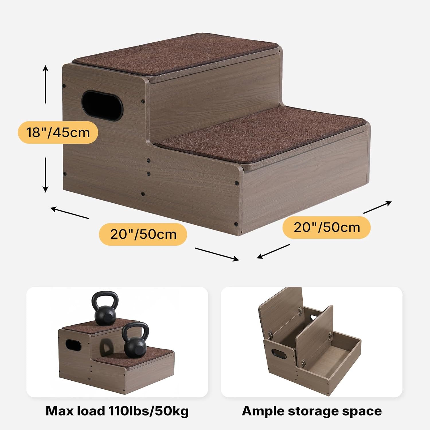 Veehoo Wooden Dog Steps for Bed Couch with Storage 18"H 20"W, 2 Step Pet Stairs for Dogs to Get on Bed with Non Slip Rug, Jiont Friendly Pet Cat Stairs Puppy Doggy Ramp Ladder for Small to Large Dogs